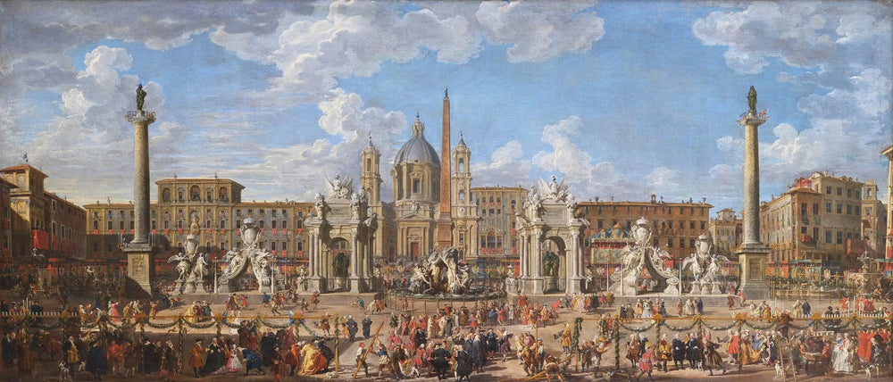 Préparation du feu d’artifice et de la décoration de la fête donnée sur la place Navone à Rome le 30 novembre 1729 à