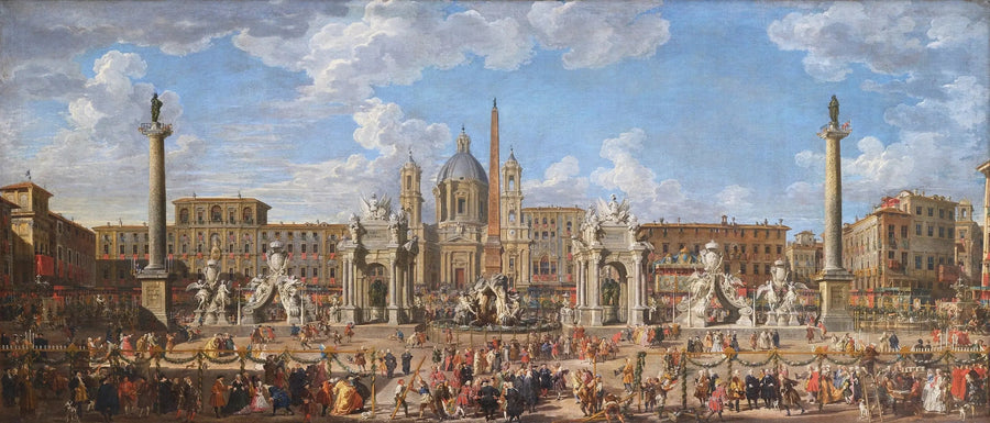 Przygotowania do pokazu sztucznych ogni i dekoracji na uroczystość na placu Navona w Rzymie, 30 listopada 1729 roku, z okazji narodzin Delfina - Giovanni Paolo Panini