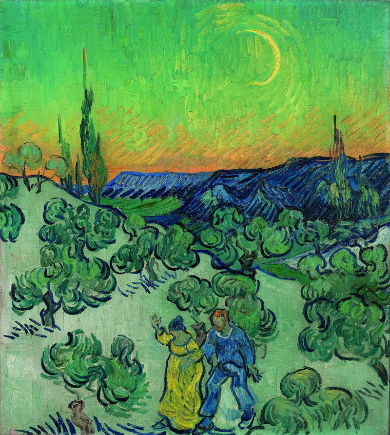 Krajobraz z parą spacerującą i rosnącym księżycem - Vincent van Gogh