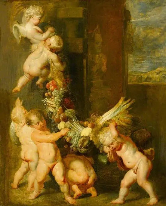 Putti niosące girlandę z owoców - Peter Paul Rubens
