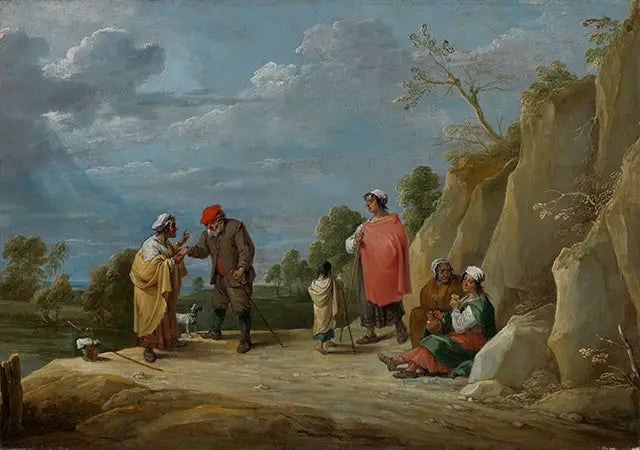 Czterech cyganów z dzieckiem, z nich jeden przepowiadający dobrą wróżbę rolnikowi - David Teniers Młodszy