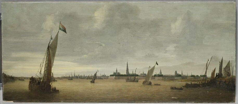 La Rade d'Anvers, vue du sud-ouest, depuis la rive droite de l'Escaut, en amont, à hauteur d'Hoboken - Abraham de Verwer