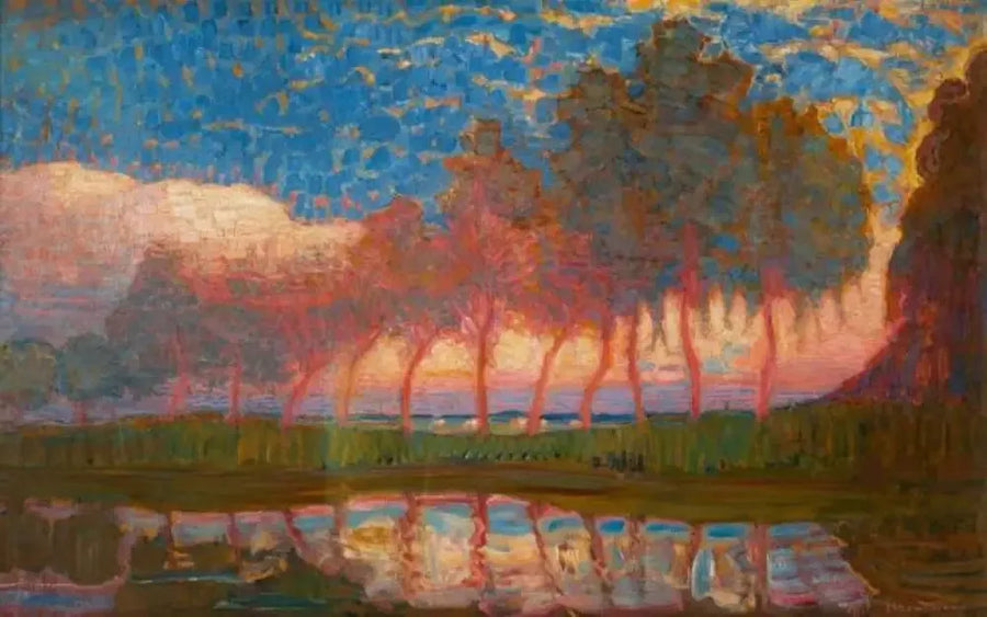 Rząd jedenastu czerwonych, żółtych, niebieskich i zielonych topoli - Piet Mondrian