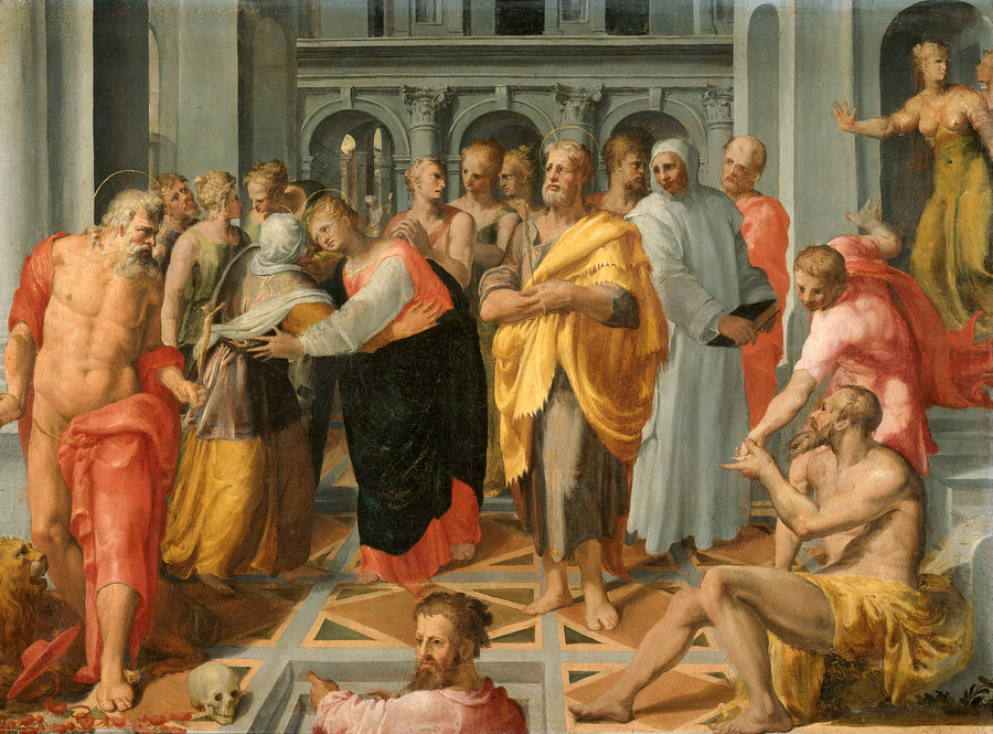 La rencontre de Marie et Elisabeth en présence de saint Jérôme, saint Joseph et d'autres personnes - Pellegrino Tibaldi