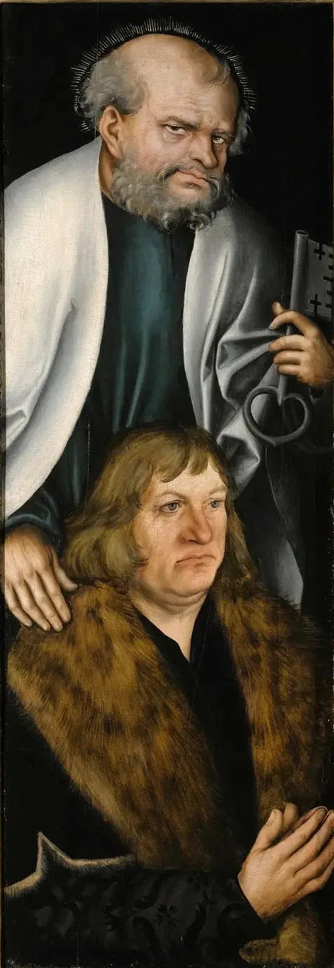 Retabel z Feilitzsch [lewa skrzydło, tył]: Portret Jobsta von Feilitzsch z świętym Piotrem - Lucas Cranach Starszy