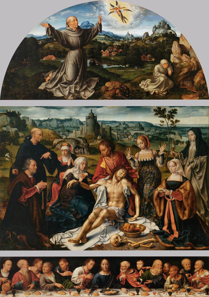 Ołtarz żałobny Chrystusa: Żałoba Chrystusa (panel central); Stygmatyzacja św. Franciszka (okno); Ostatnia Wieczerza (przedłucze) - Joos van Cleve