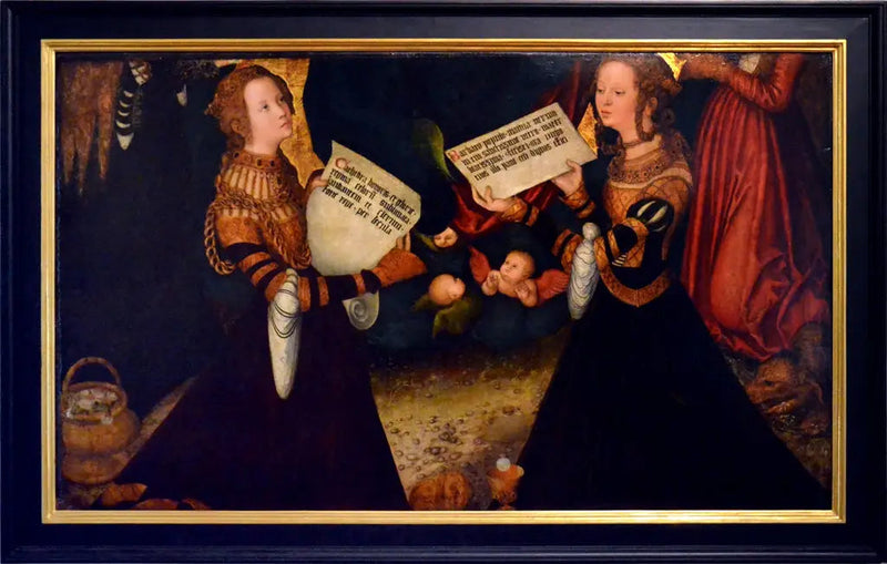Retabel praski [środkowa płyta, fragment]: Święta Katarzyna i Święta Barbara z fragmentami postaci Świętej Doroty i Świętej Małgorzaty - Lucas Cranach Starszy