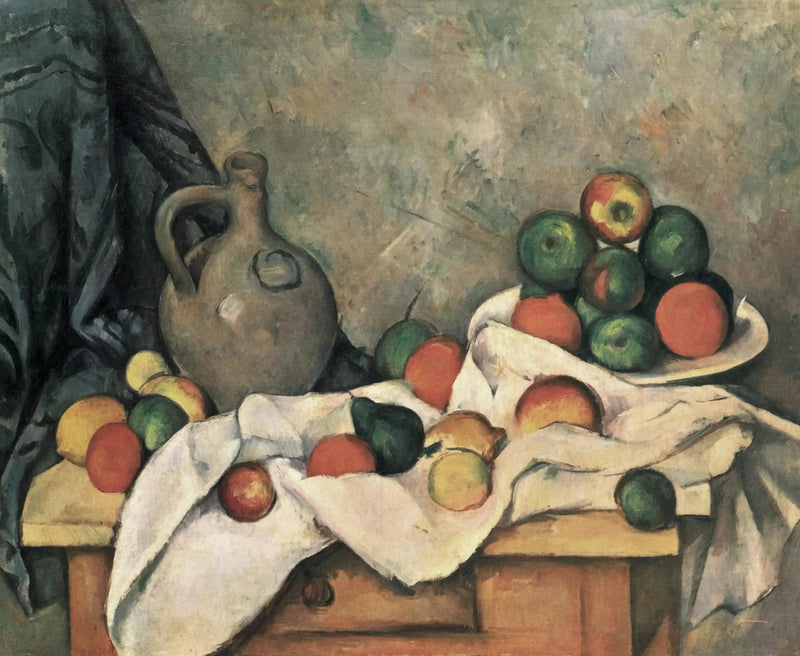 Zasłona, dzbanek i miska na owoce - Paul Cézanne
