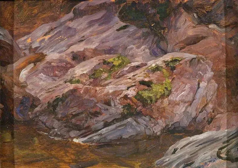 Różowe granitowe skały, rzeka Findhorn - Frederic Leighton