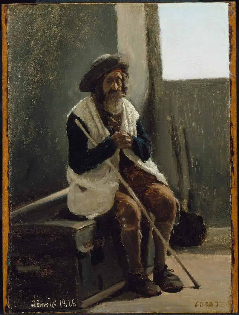 Rzym, starszy mężczyzna siedzący na skrzyni należącej do Corota - Jean-Baptiste Camille Corot