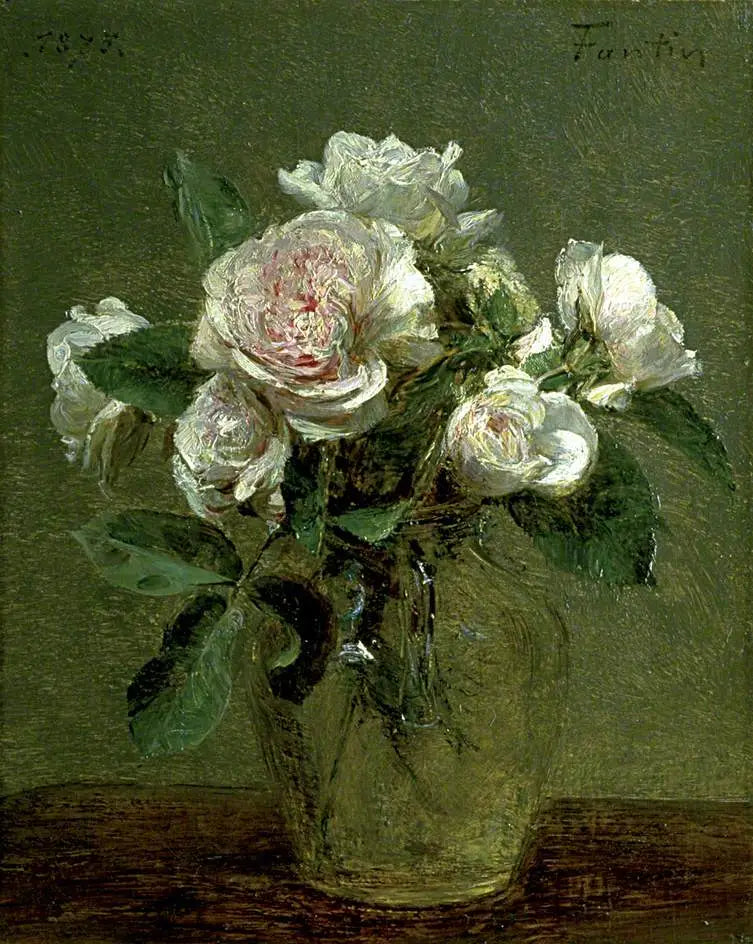 Białe róże w szklanym wazonie - Henri Fantin-Latour