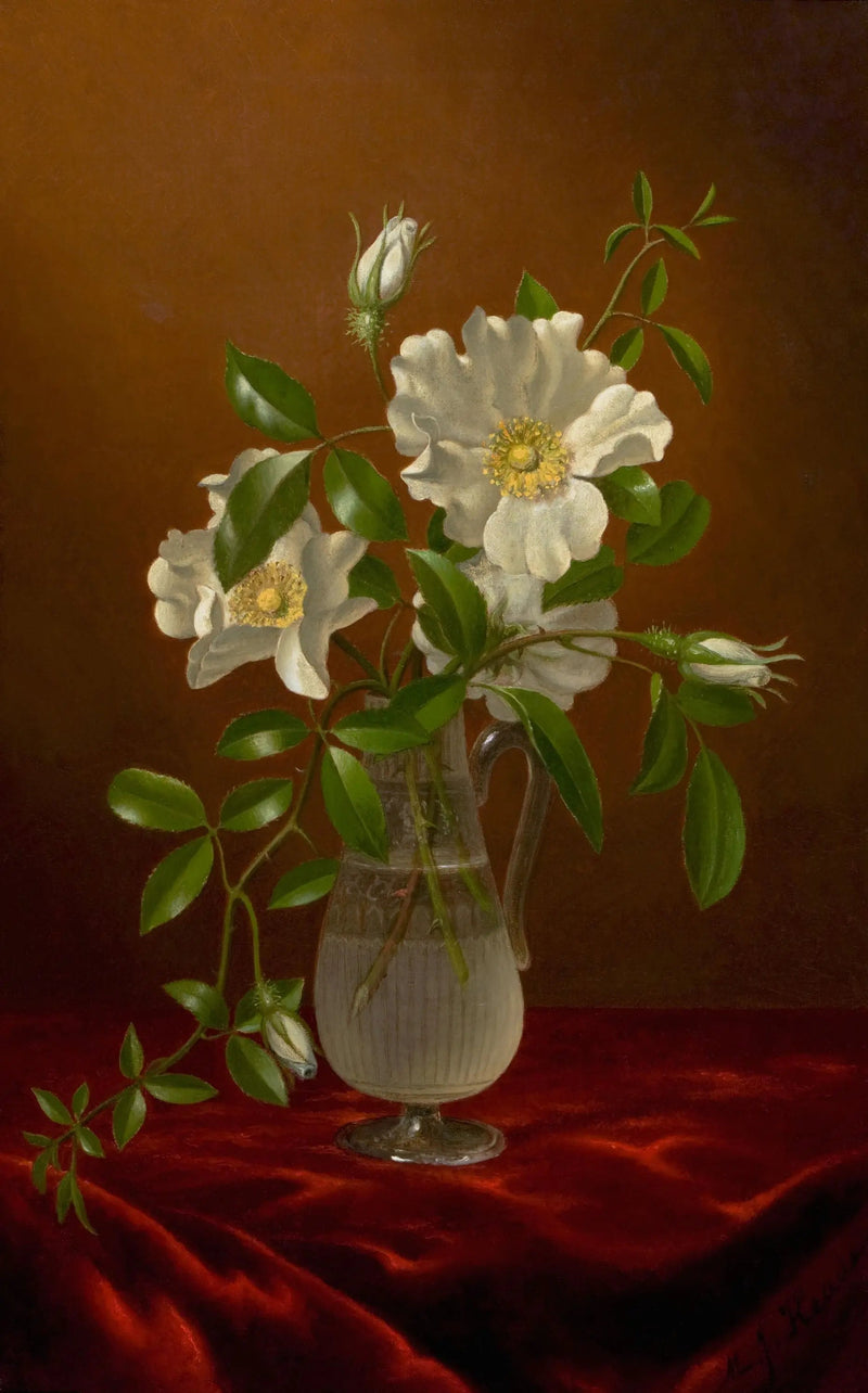 Róże Cherokee w szklanym wazonie - Martin Johnson Heade