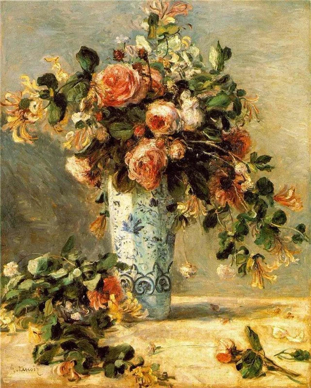 Róże i jaśmin w wazonie z Delft - Pierre-Auguste Renoir
