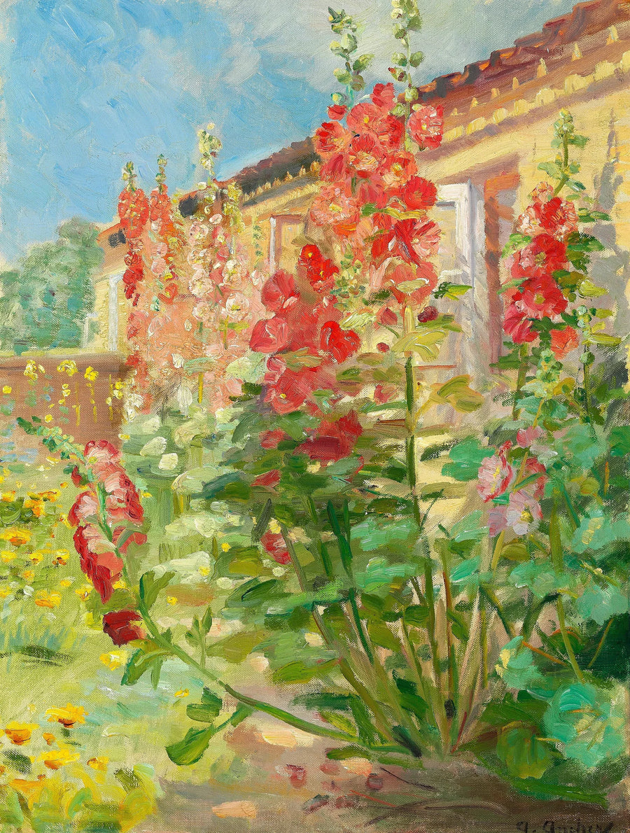 Czerwone róże trąbkowe w ogrodzie rodziny Ancher na Markvej w Skagen. - Anna Ancher