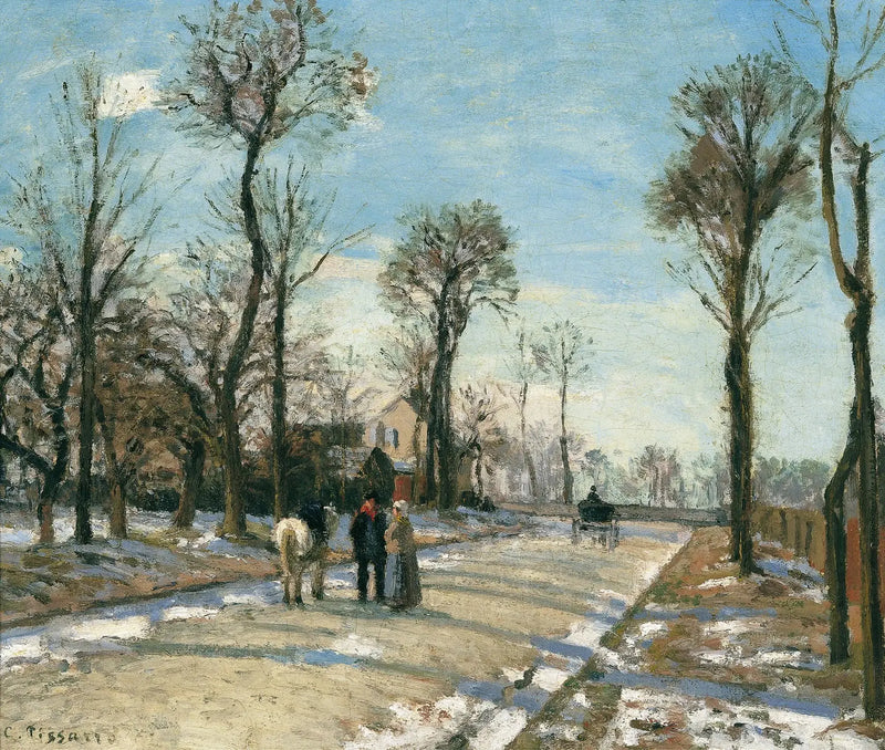 Droga do Wersalu, Louveciennes, słońce i zimowy śnieg - Camille Pissarro