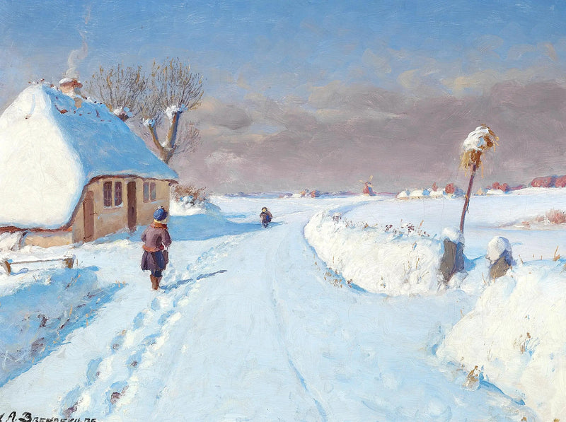 Słoneczna droga na skraju wioski, zima (32 x 42 cm). - H. A. Brendekilde