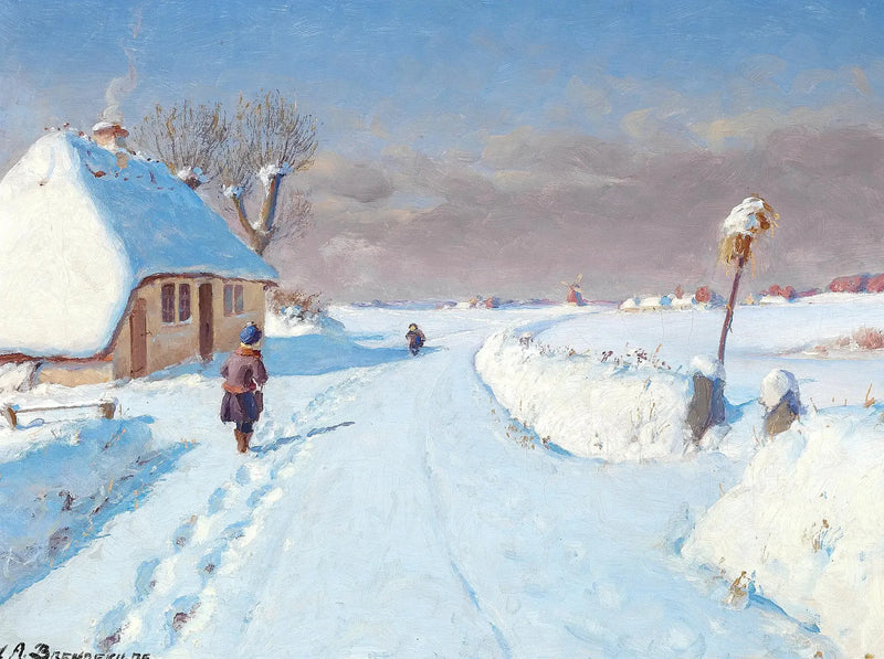 Słoneczna droga na skraju wioski, zima (32 x 42 cm). - H. A. Brendekilde