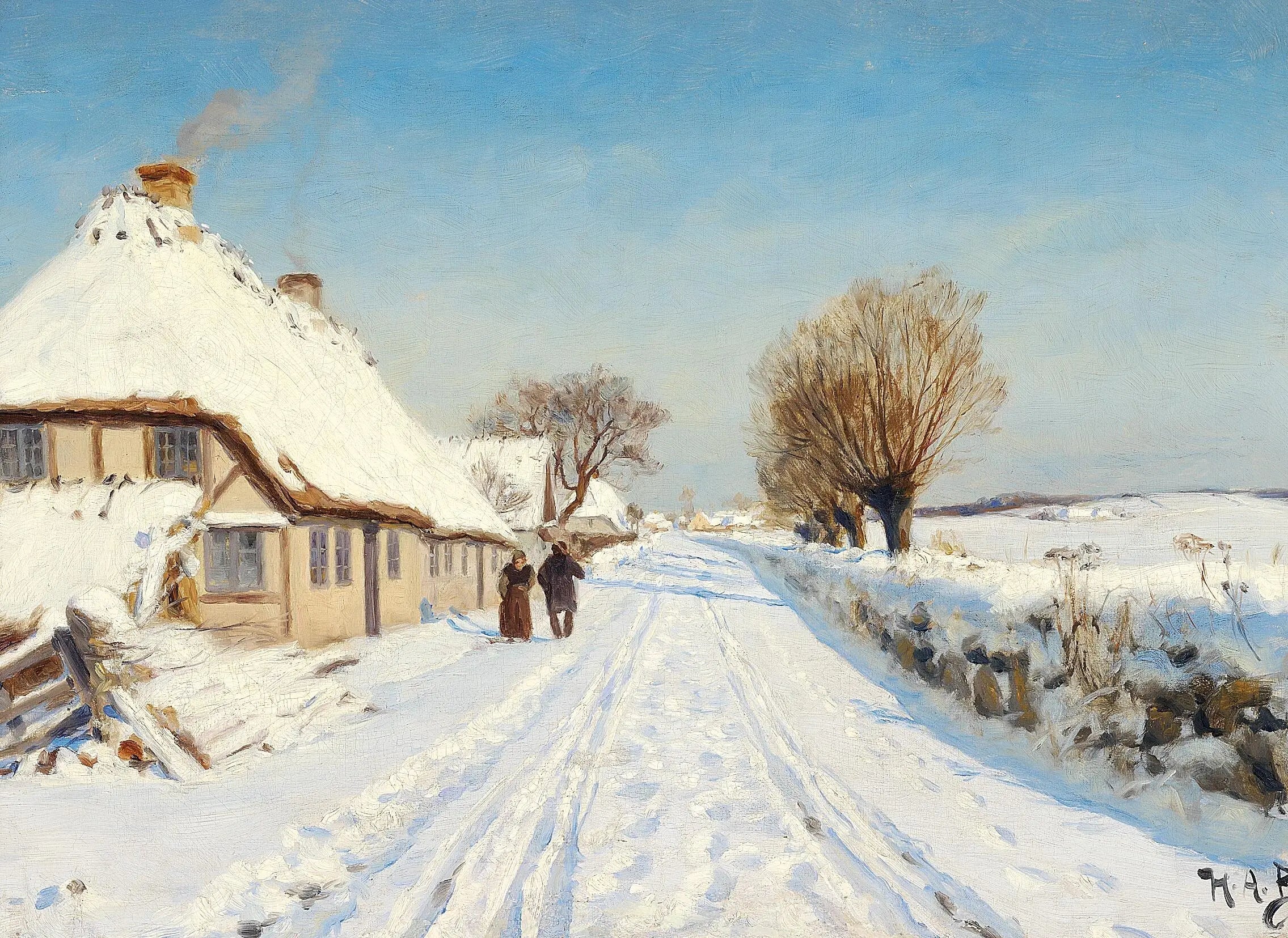Route ensoleillée au bord d'un village, hiver. - H. A. Brendekilde image 1 copie peinte à la main à l’huile
