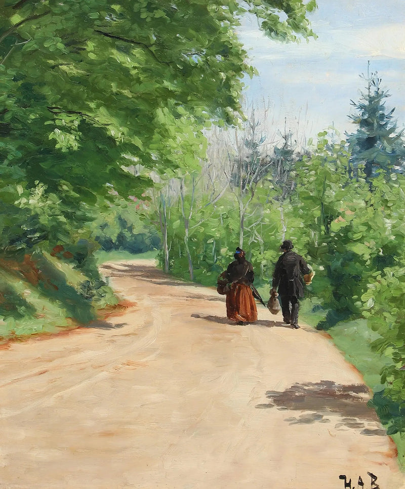 Wioska leśna na wiosnę z parą idącą. - H. A. Brendekilde