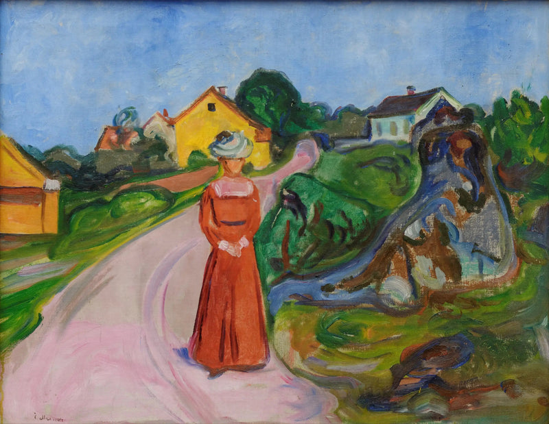 ulica Åsgårdstrand i Kobieta w czerwonej sukni - Edvard Munch