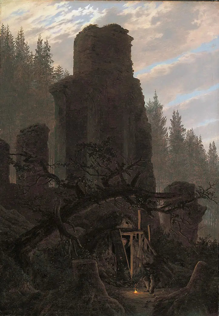 Ruiny o zmierzchu (Ruina kościoła w lesie) - Caspar David Friedrich