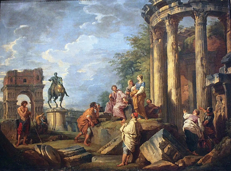 Ruiny architektury z łukiem Janusa, świątynią Westy i posągiem jeździeckim Marka Aureliusza - Giovanni Paolo Panini