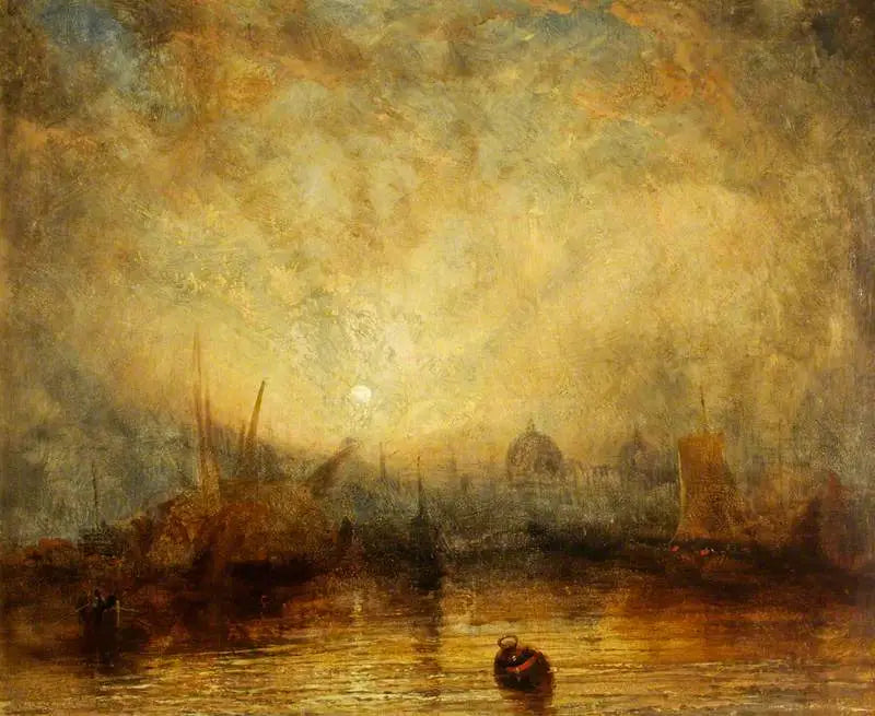 Żeglowanie i inne statki o zachodzie słońca z widokiem na kopuły miasta (prawdopodobnie Wenecja) - J. M. W. Turner