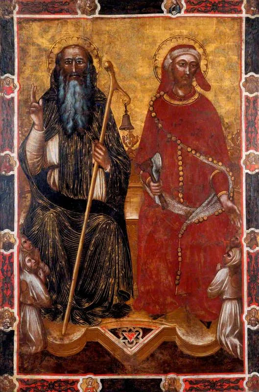 Święty Antoni z Abbé i Święty Euzebiusz z dwoma parami klęczących wiernych (z jednej strony chorągwi procesyjnej) (dawniej przypisywany Barnabie z Modeny) - Spinello Aretino