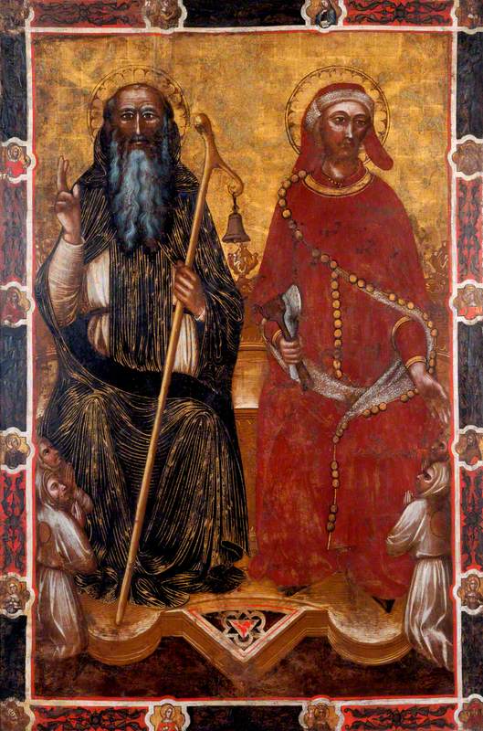Święty Antoni z Abbé i Święty Euzebiusz z dwoma parami klęczących wiernych (z jednej strony chorągwi procesyjnej) (dawniej przypisywany Barnabie z Modeny) - Spinello Aretino