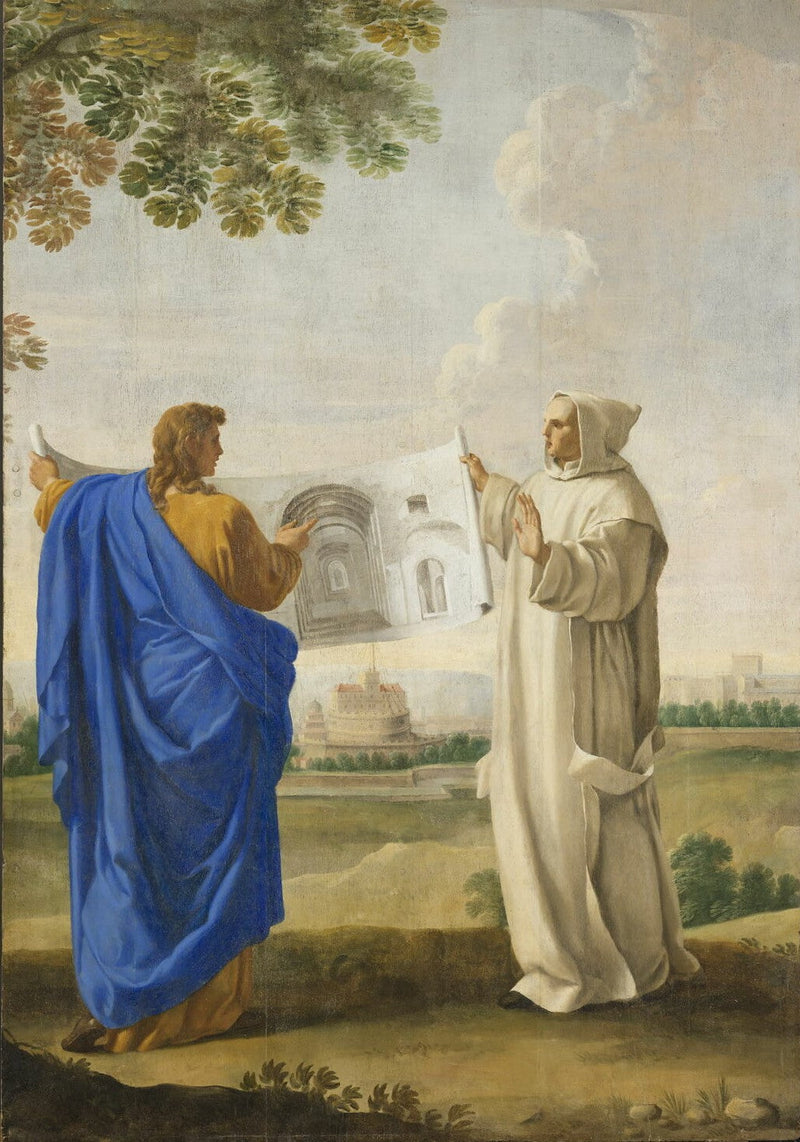 Święty Bruno bada rysunek łaźni Dioklecjana, lokalizacji przyszłej kartuzji w Rzymie - Eustache Le Sueur