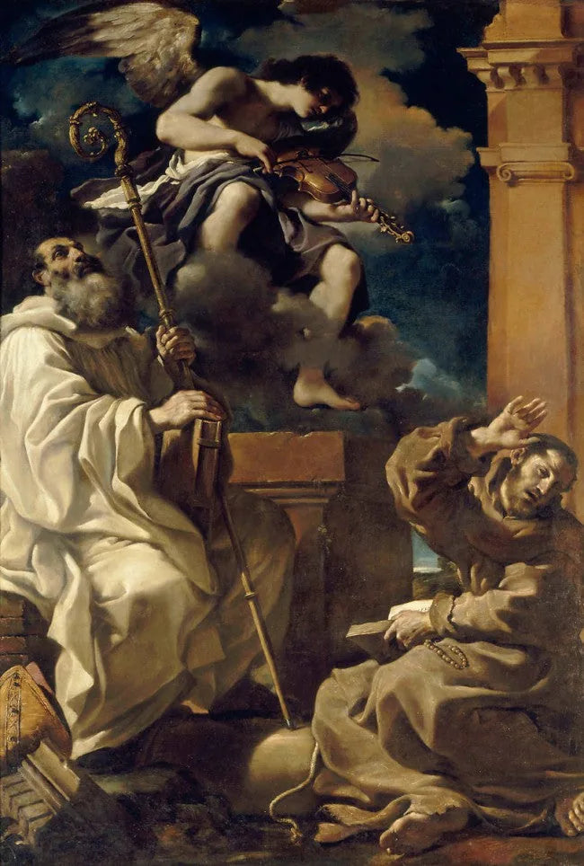Święty Franciszek w ekstazie z świętym Benedyktem i aniołem muzykiem - Guercino