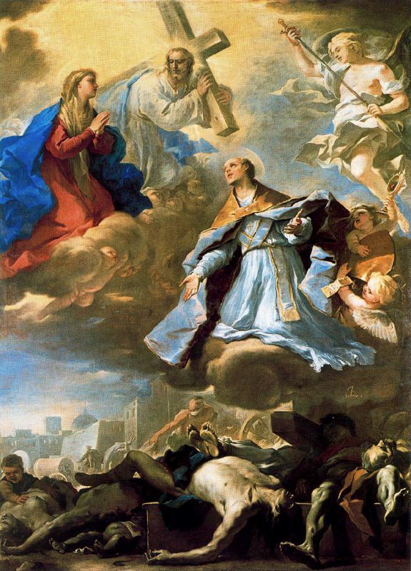 Święty Jan Chrziciel wstawia się u Dziewicy, Chrystusa i Ojca Wiecznego za zarazą. - Luca Giordano