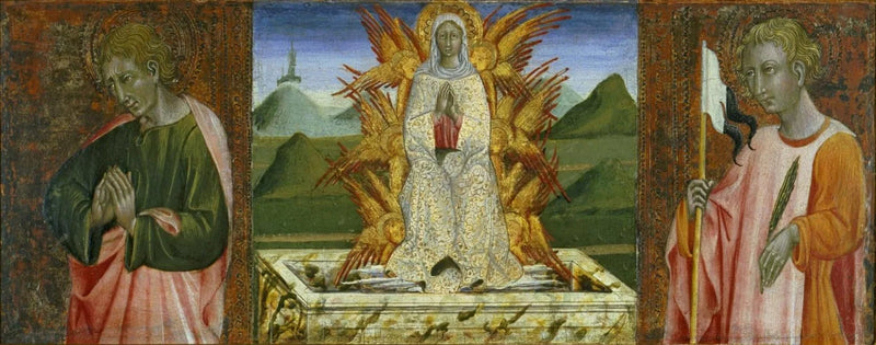 Święty Jan Ewangelista, Wniebowzięcie Najświętszej Maryi Panny i święty Ansanus - Giovanni di Paolo