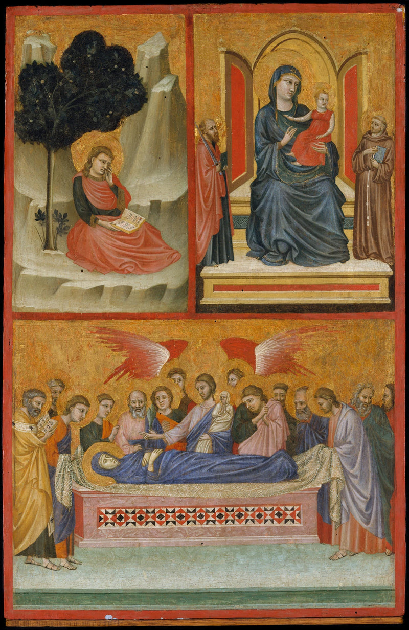Saint Jean à Patmos, la Madone et l'Enfant intronisés, la Mort de la Vierge ; La Crucifixion - Pacino di Bonaguida