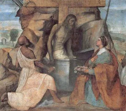 Święty Hieronim i Święta Dorota adorują Chrystusa w grobie - Alessandro Bonvicino