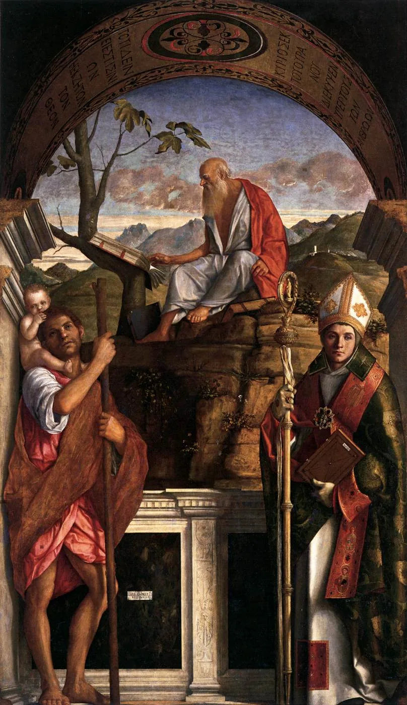 Święty Hieronim czytający z świętym Krzysztofem i świętym Ludwikiem z Tuluzy - Giovanni Bellini