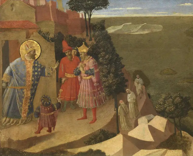 Saint Romuald interdit l’entrée du couvent à l’empereur Otton III extrait d’un panneau découpé représentant des scènes