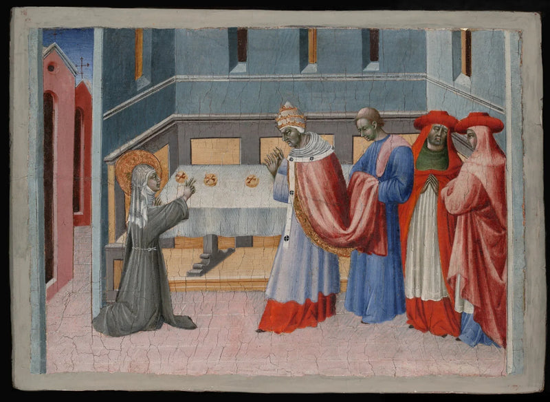 Święta Klara z Asyżu błogosławiąca chleb przed papieżem Innocentem IV - Giovanni di Paolo
