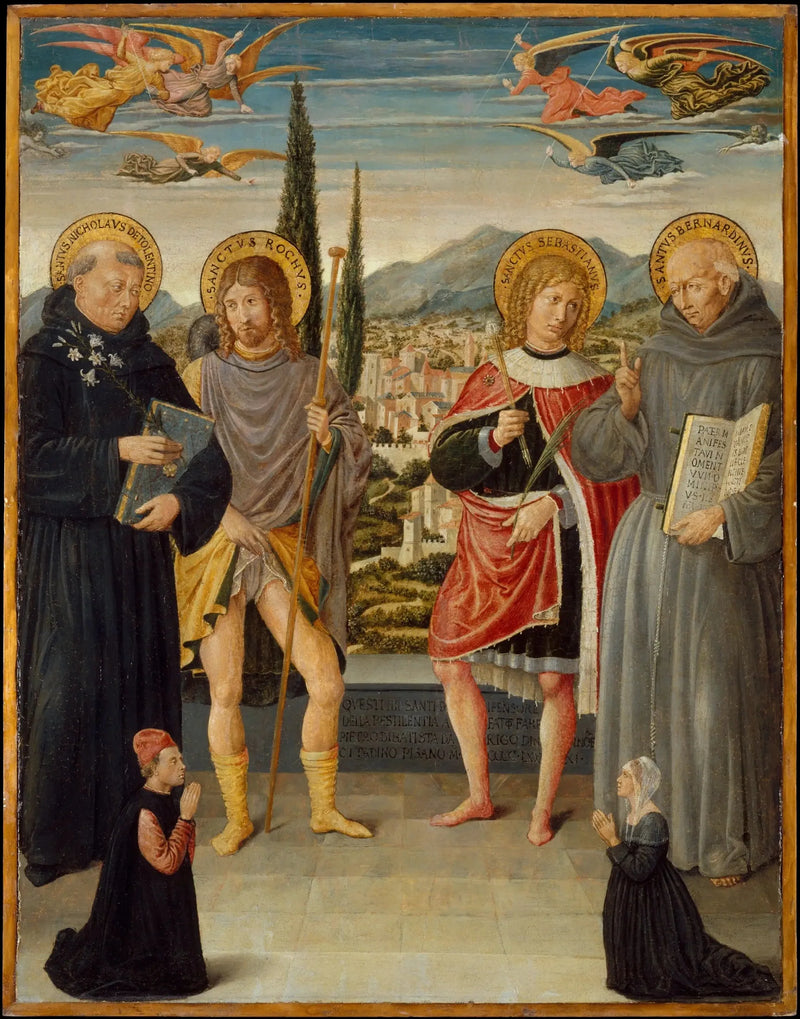 Święci Mikołaj z Tolentino, Roch, Sebastian i Bernardyn z Sieny, z klęczącymi darczyńcami - Benozzo Gozzoli