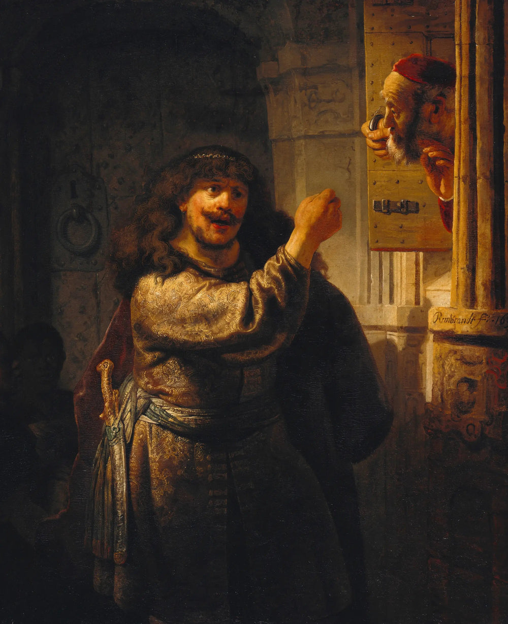 Reproduction du tableau « Samson menace son beau-père - Rembrandt » par Alpha Reproduction en peinture à l’huile
