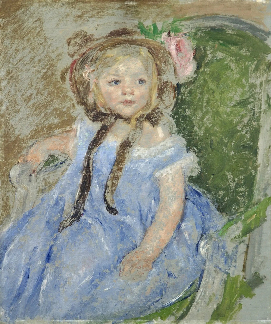 Sara w ciemnym kapeluszu z prawą ręką na ramieniu krzesła - Mary Cassatt