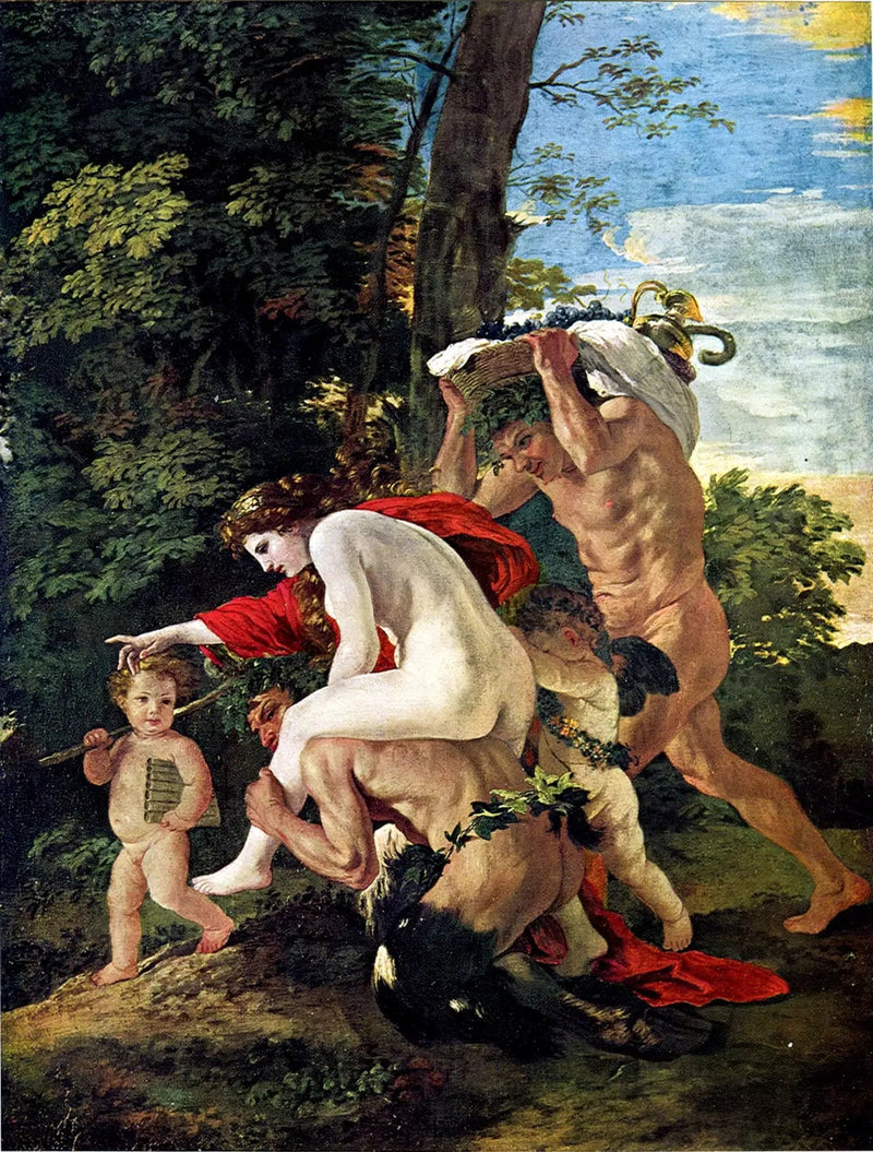 Scena bachiczna lub Nimfa jeżdżąca na satyrowi - Nicolas Poussin