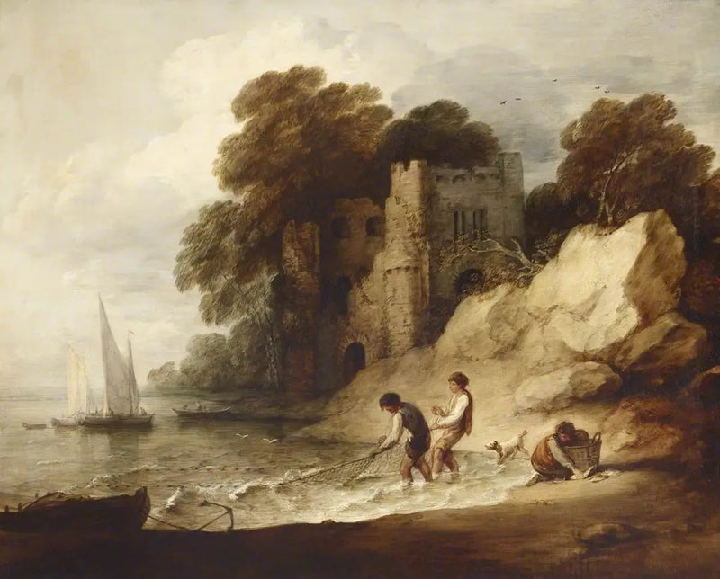 Scena nadmorska z skałami, ruinami zamku, łodziami i rybakami - Thomas Gainsborough