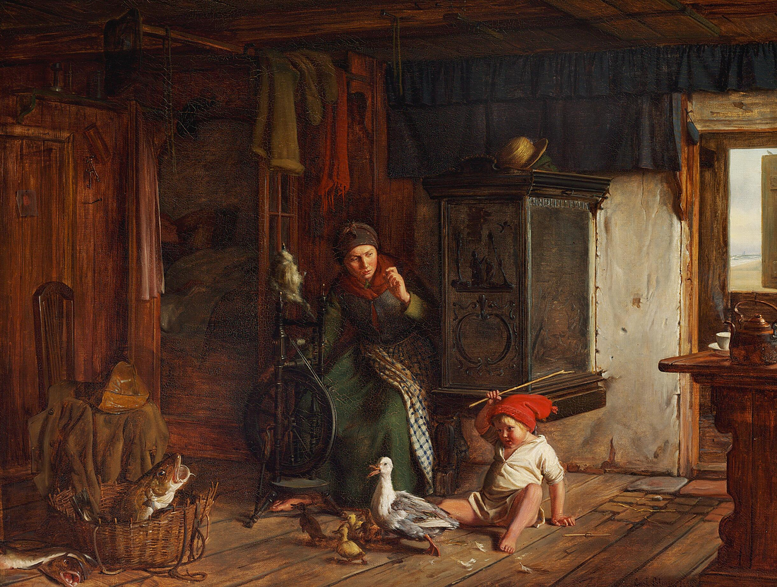 Scena w domu rybaka. Chłopak atakuje kaczka. Tata potrzebuje spać. - Carl Heinrich Bloch
