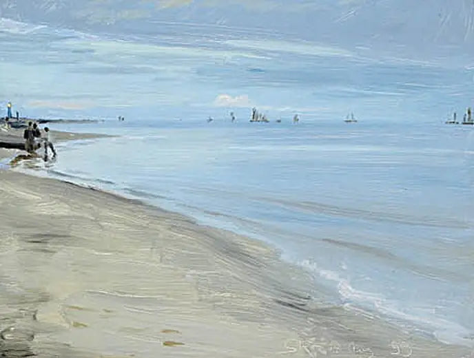 Scena plażowa w Skagen. Rybacy na łodzi. Latarnia jest oświetlona. - Peder Severin Krøyer
