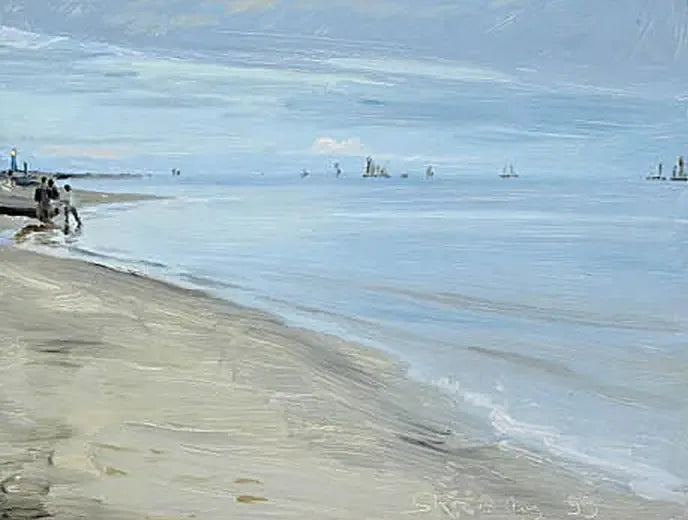 Scena plażowa w Skagen. Rybacy na łodzi. Latarnia jest oświetlona. - Peder Severin Krøyer