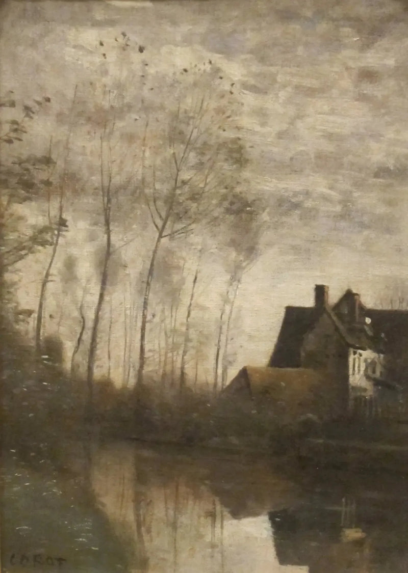 Scena nad rzeką z domami i topolami - Jean-Baptiste Camille Corot