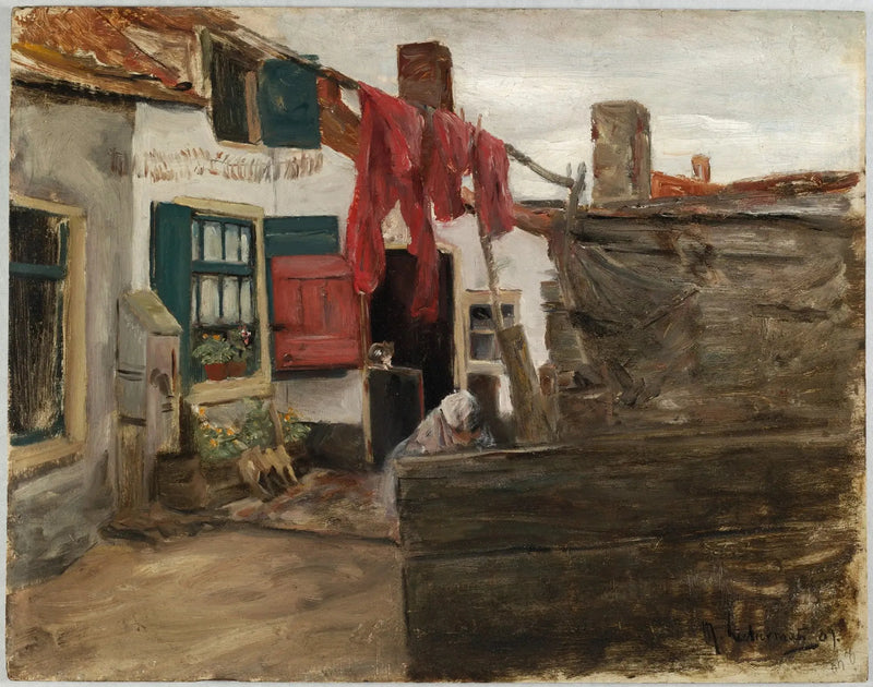 Scena holenderskiej wioski z wiszącym praniem - Max Liebermann