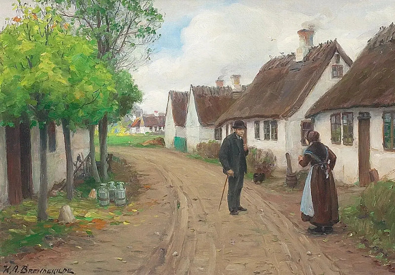 Scena wioski w Jyllinge z ludźmi rozmawiającymi - H. A. Brendekilde