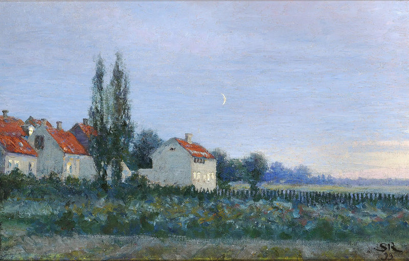 Wieczorna scena z domami i topolami. - Peder Severin Krøyer